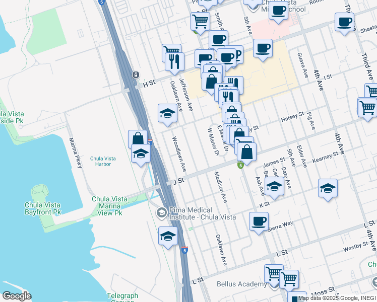 map of restaurants, bars, coffee shops, grocery stores, and more near 634 Oaklawn Avenue in Chula Vista