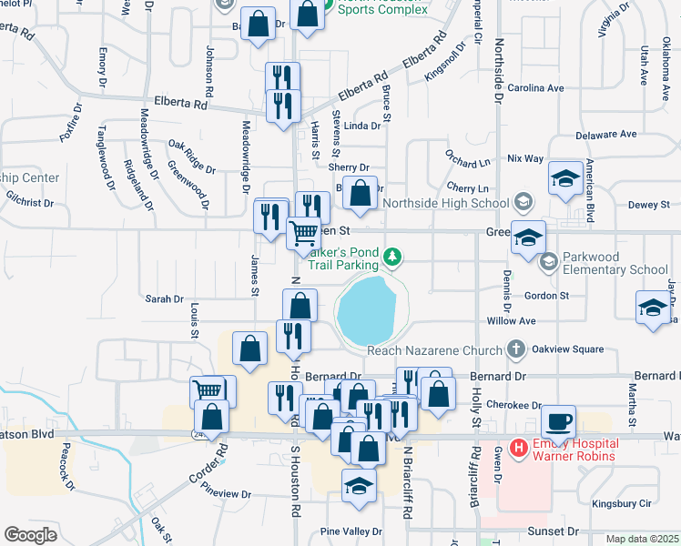 map of restaurants, bars, coffee shops, grocery stores, and more near 306 Woodlawn Avenue in Warner Robins