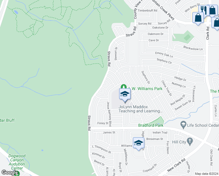 map of restaurants, bars, coffee shops, grocery stores, and more near 1587 Jesse Ramsey Boulevard in Cedar Hill