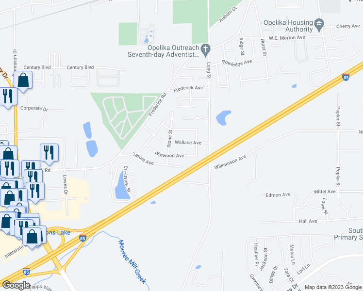 map of restaurants, bars, coffee shops, grocery stores, and more near 1111 Wallace Avenue in Opelika