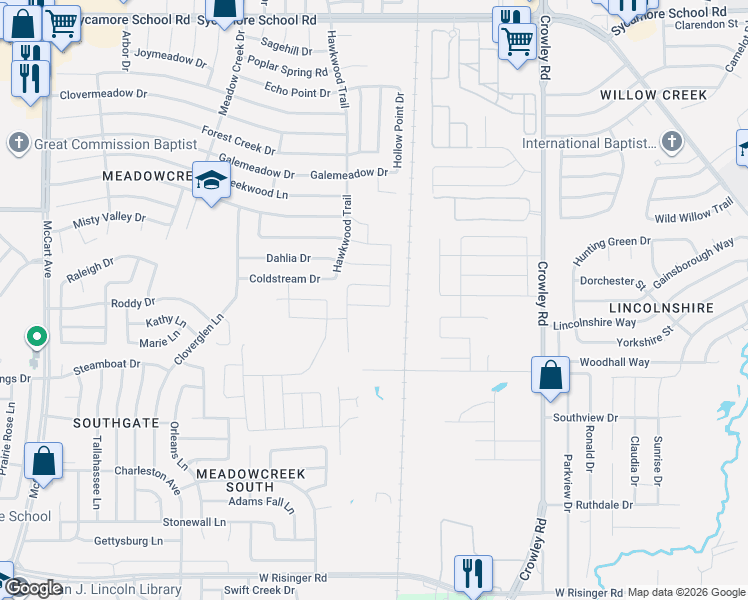 map of restaurants, bars, coffee shops, grocery stores, and more near 2501 Coldstream Drive in Fort Worth