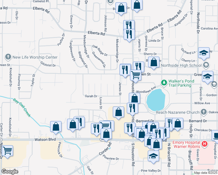 map of restaurants, bars, coffee shops, grocery stores, and more near 103 Sidney Street in Warner Robins