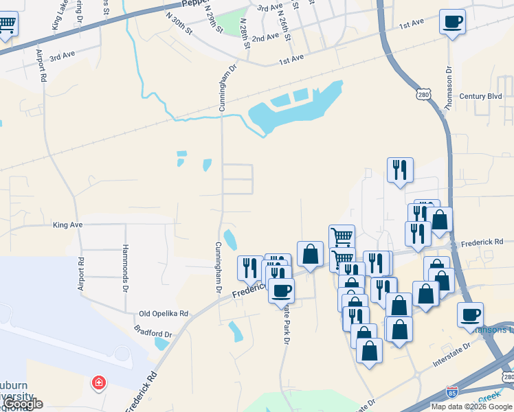 map of restaurants, bars, coffee shops, grocery stores, and more near 2213 Suzanne Lane in Opelika
