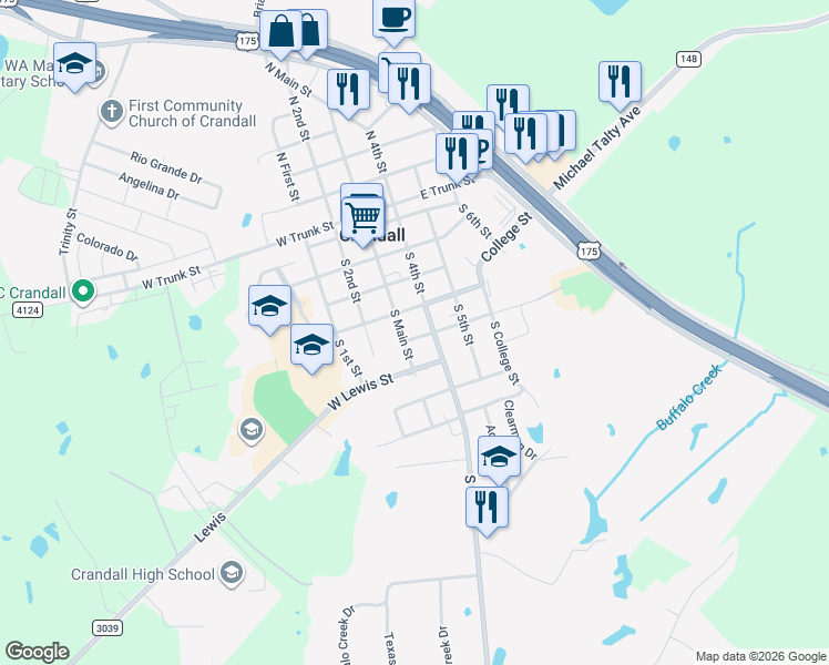 map of restaurants, bars, coffee shops, grocery stores, and more near 405 South Main Street in Crandall