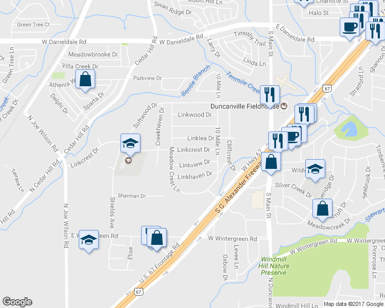 map of restaurants, bars, coffee shops, grocery stores, and more near 338 Linkcrest Drive in Duncanville
