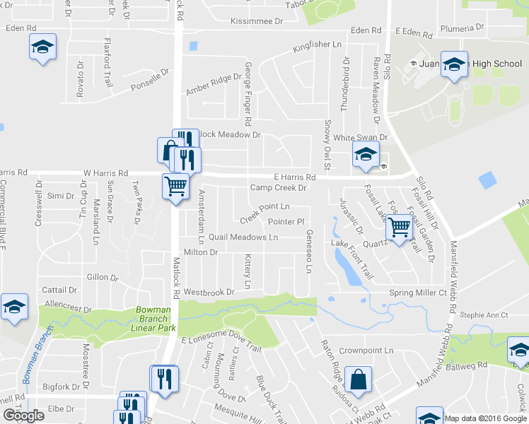 map of restaurants, bars, coffee shops, grocery stores, and more near 304 Creek Point Lane in Arlington
