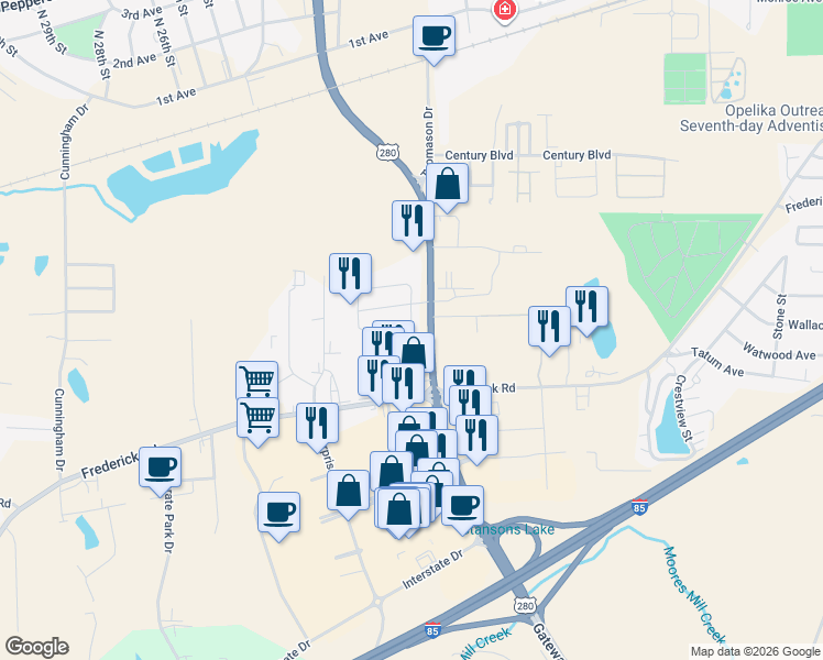 map of restaurants, bars, coffee shops, grocery stores, and more near 2204 Gateway Drive in Opelika