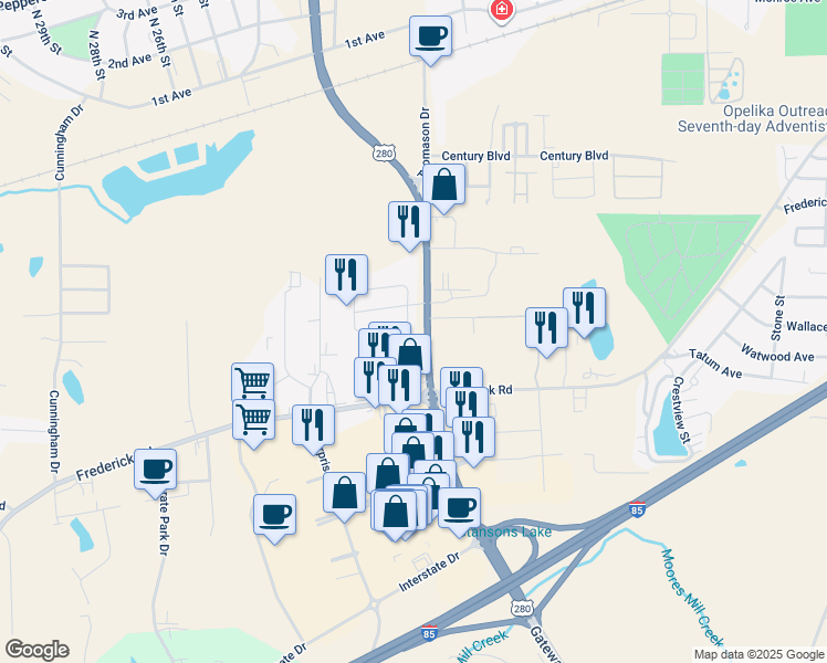 map of restaurants, bars, coffee shops, grocery stores, and more near 2204 Gateway Drive in Opelika