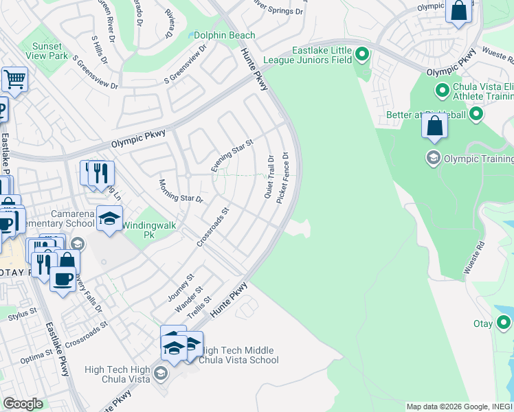 map of restaurants, bars, coffee shops, grocery stores, and more near 1689 Copper Penny Drive in Chula Vista