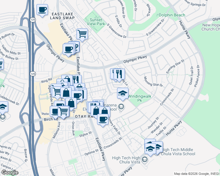 map of restaurants, bars, coffee shops, grocery stores, and more near 1613 Rain Patter Lane in Chula Vista
