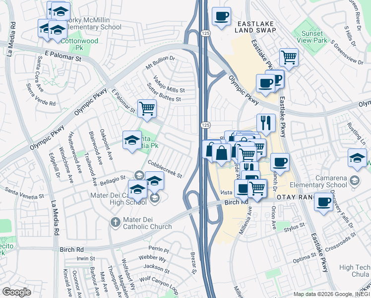 map of restaurants, bars, coffee shops, grocery stores, and more near 1998 Caminito Alcala in Chula Vista