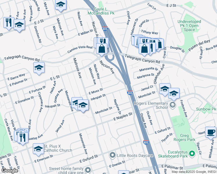 map of restaurants, bars, coffee shops, grocery stores, and more near 371 East Moss Street in Chula Vista