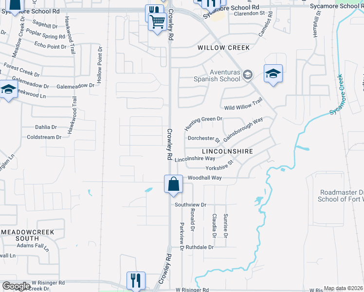 map of restaurants, bars, coffee shops, grocery stores, and more near 1828 Gainsborough Way in Fort Worth