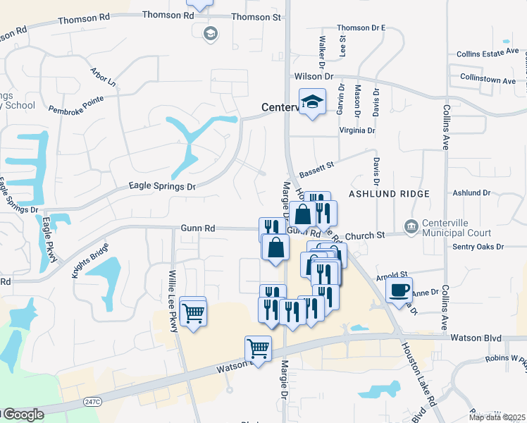 map of restaurants, bars, coffee shops, grocery stores, and more near 309 Lancaster Lane in Centerville