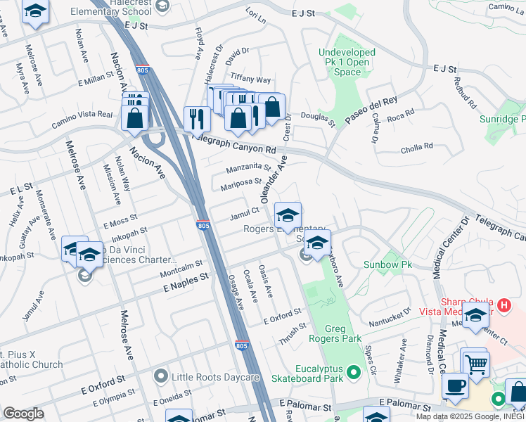 map of restaurants, bars, coffee shops, grocery stores, and more near 1036 Oleander Avenue in Chula Vista