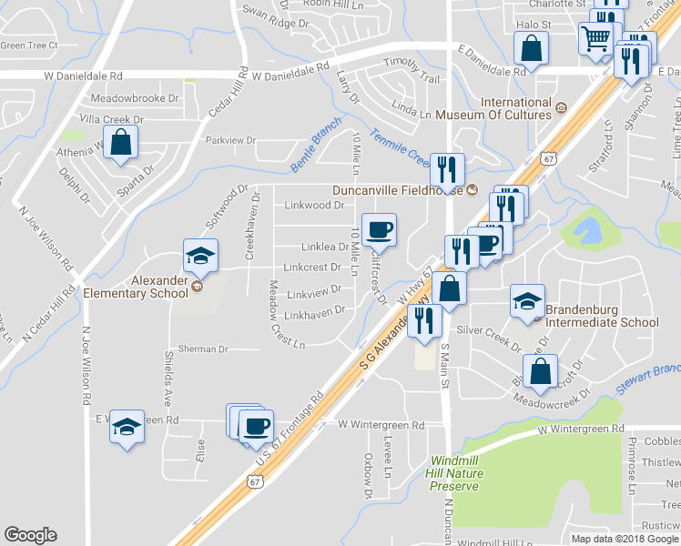 map of restaurants, bars, coffee shops, grocery stores, and more near 310 Linkcrest Dr in Duncanville