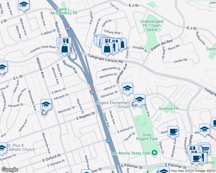 map of restaurants, bars, coffee shops, grocery stores, and more near 465 Jamul Court in Chula Vista