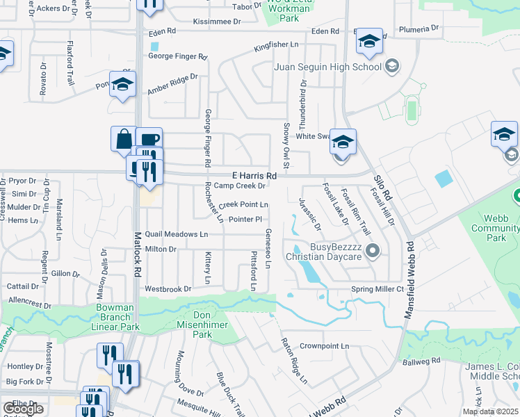map of restaurants, bars, coffee shops, grocery stores, and more near 402 Creek Point Lane in Arlington