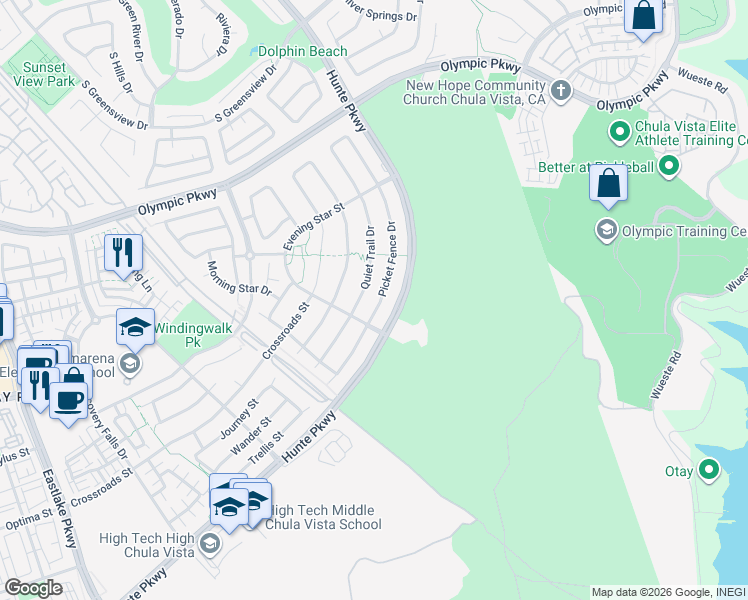 map of restaurants, bars, coffee shops, grocery stores, and more near 1694 Picket Fence Drive in Chula Vista