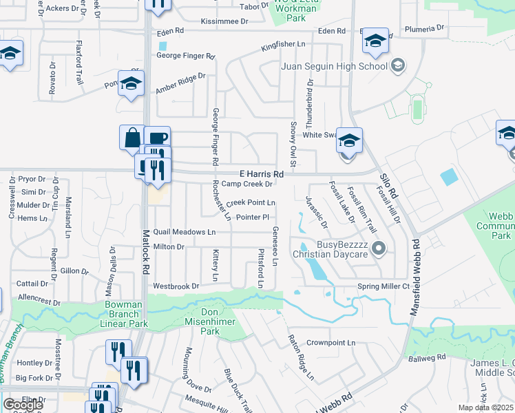 map of restaurants, bars, coffee shops, grocery stores, and more near 402 Creek Point Lane in Arlington