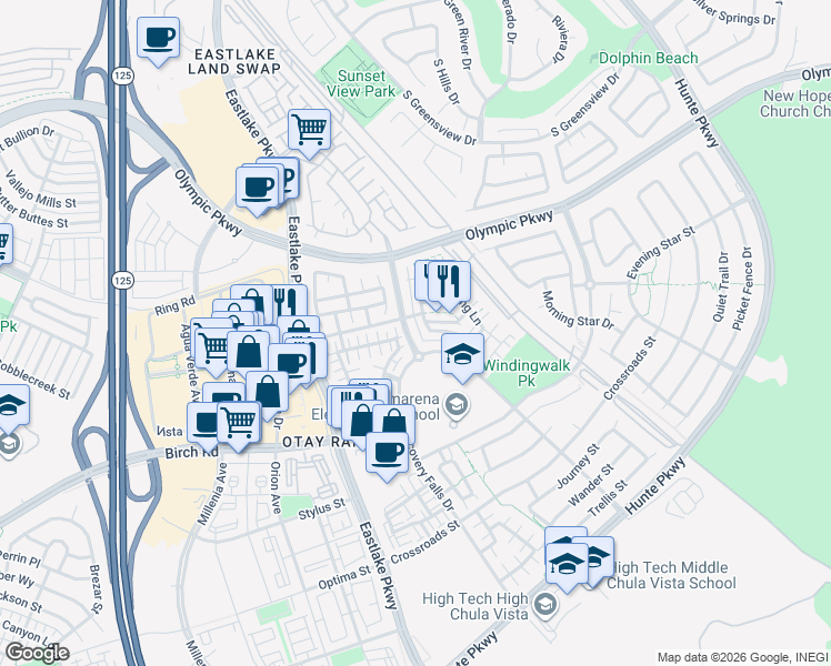 map of restaurants, bars, coffee shops, grocery stores, and more near 1613 Rain Patter Lane in Chula Vista