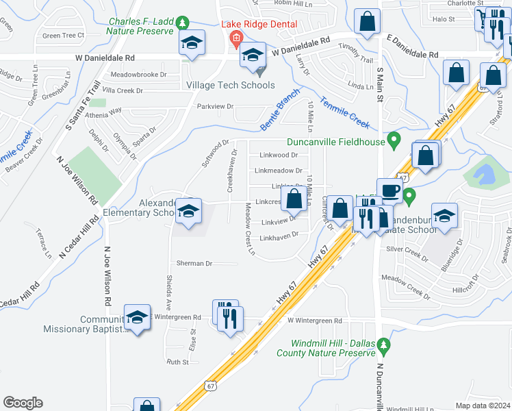 map of restaurants, bars, coffee shops, grocery stores, and more near 362 Linkcrest Drive in Duncanville