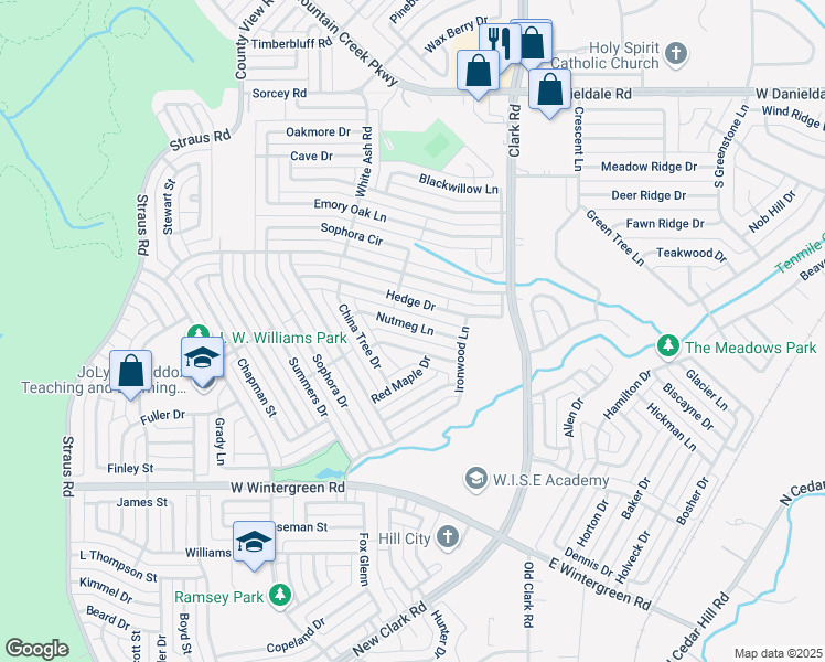 map of restaurants, bars, coffee shops, grocery stores, and more near 7140 Nutmeg Lane in Dallas