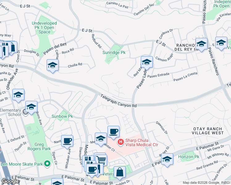 map of restaurants, bars, coffee shops, grocery stores, and more near 814 Cardamom Court in Chula Vista