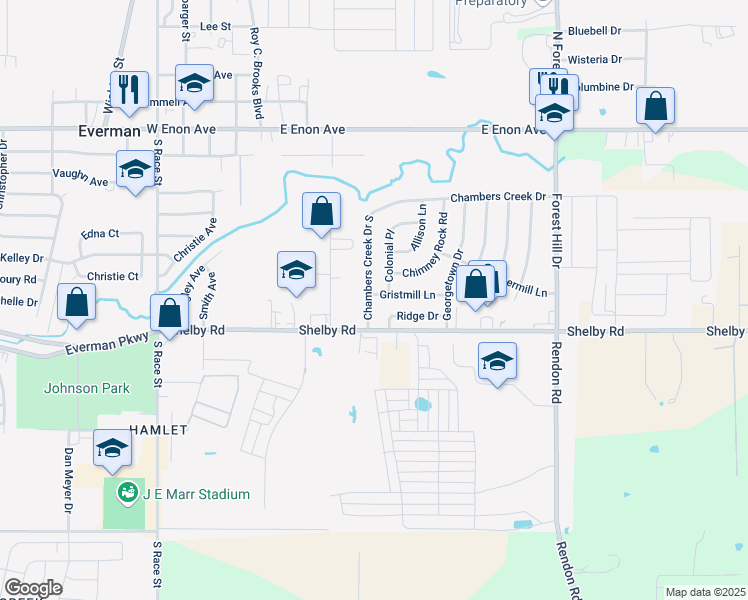 map of restaurants, bars, coffee shops, grocery stores, and more near 529 Chambers Creek Drive South in Fort Worth