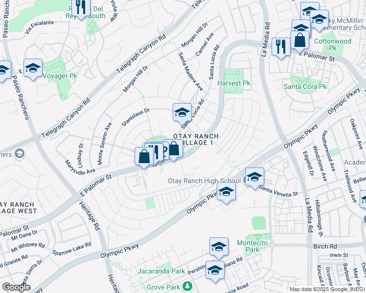 map of restaurants, bars, coffee shops, grocery stores, and more near 1441 Santa Lucia Road in Chula Vista