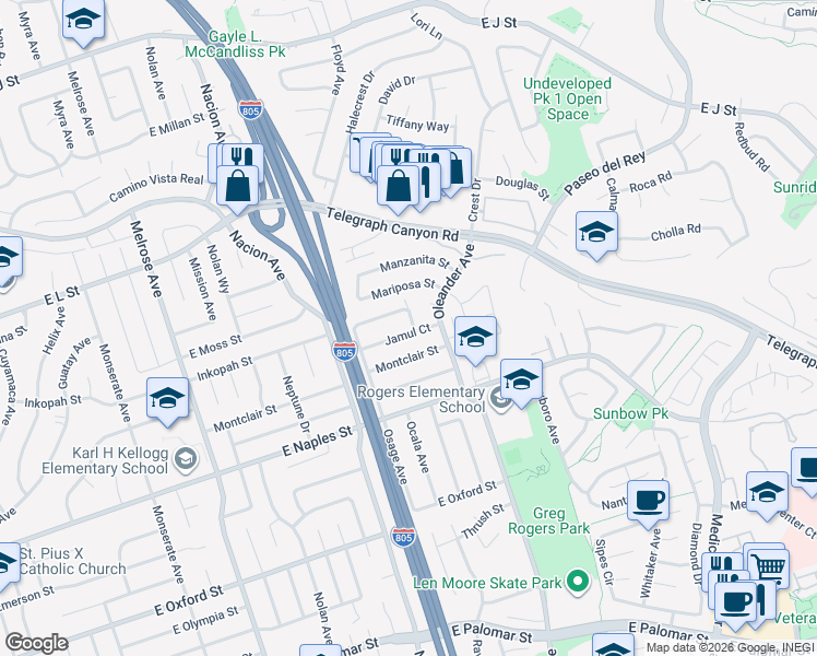 map of restaurants, bars, coffee shops, grocery stores, and more near 1028 Ossa Avenue in Chula Vista