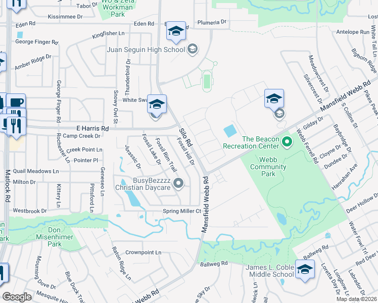 map of restaurants, bars, coffee shops, grocery stores, and more near 7221 Fossil Hill Drive in Arlington