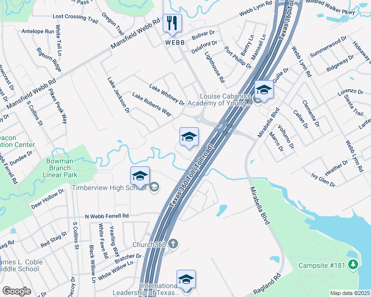 map of restaurants, bars, coffee shops, grocery stores, and more near 7650 South Watson Road in Arlington