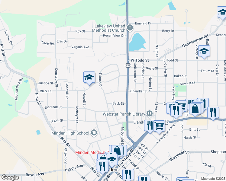 map of restaurants, bars, coffee shops, grocery stores, and more near 119 Chandler Circle in Minden