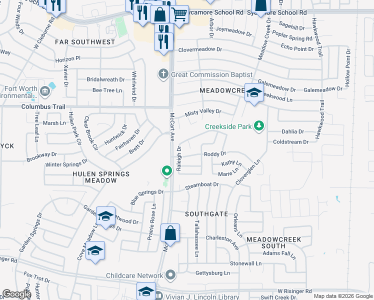 map of restaurants, bars, coffee shops, grocery stores, and more near 8062 Raleigh Court in Fort Worth