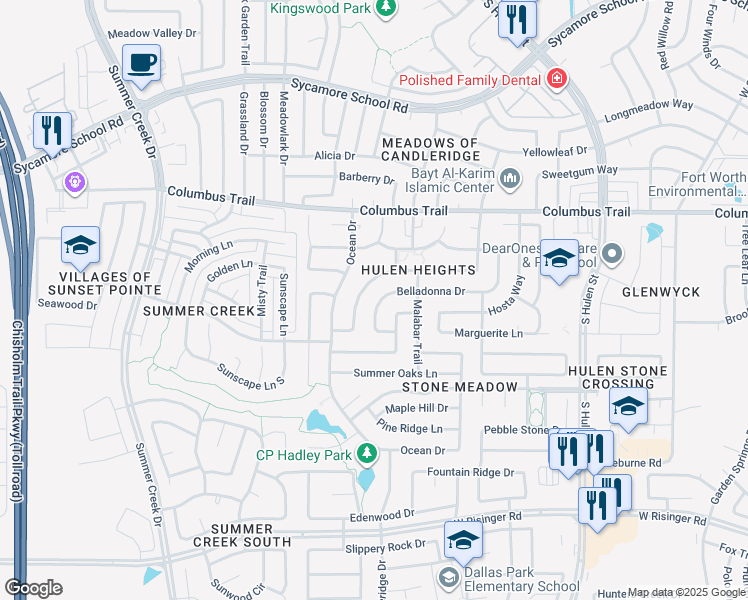 map of restaurants, bars, coffee shops, grocery stores, and more near 4845 Bellflower Way in Fort Worth