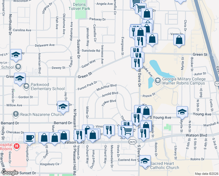 map of restaurants, bars, coffee shops, grocery stores, and more near 506 McArthur Blvd in Warner Robins