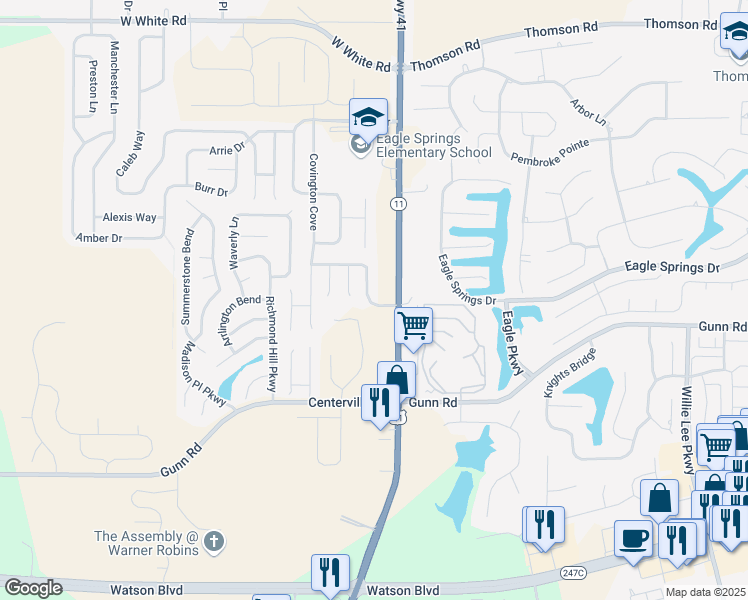 map of restaurants, bars, coffee shops, grocery stores, and more near 101 Monticello Drive in Byron