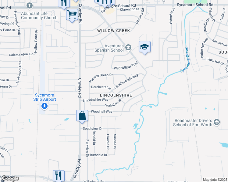 map of restaurants, bars, coffee shops, grocery stores, and more near 1629 Gainsborough Way in Fort Worth