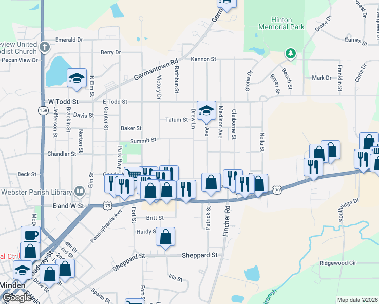 map of restaurants, bars, coffee shops, grocery stores, and more near 801 Drew Lane in Minden