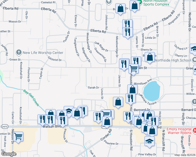 map of restaurants, bars, coffee shops, grocery stores, and more near 103 Williams Street in Warner Robins