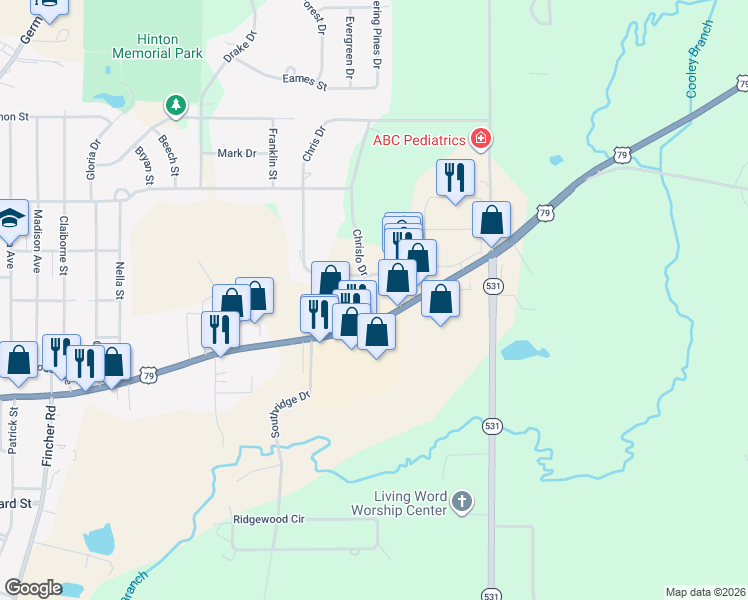map of restaurants, bars, coffee shops, grocery stores, and more near 1119 Homer Road in Minden