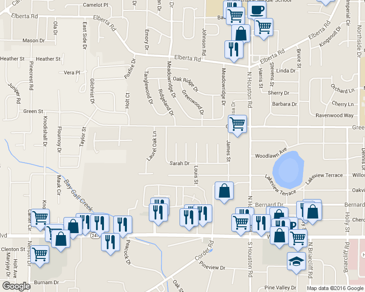 map of restaurants, bars, coffee shops, grocery stores, and more near 103 Williams Street in Warner Robins