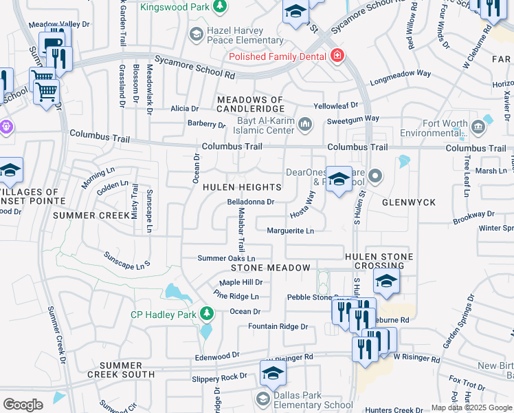 map of restaurants, bars, coffee shops, grocery stores, and more near 4709 Belladonna Drive in Fort Worth