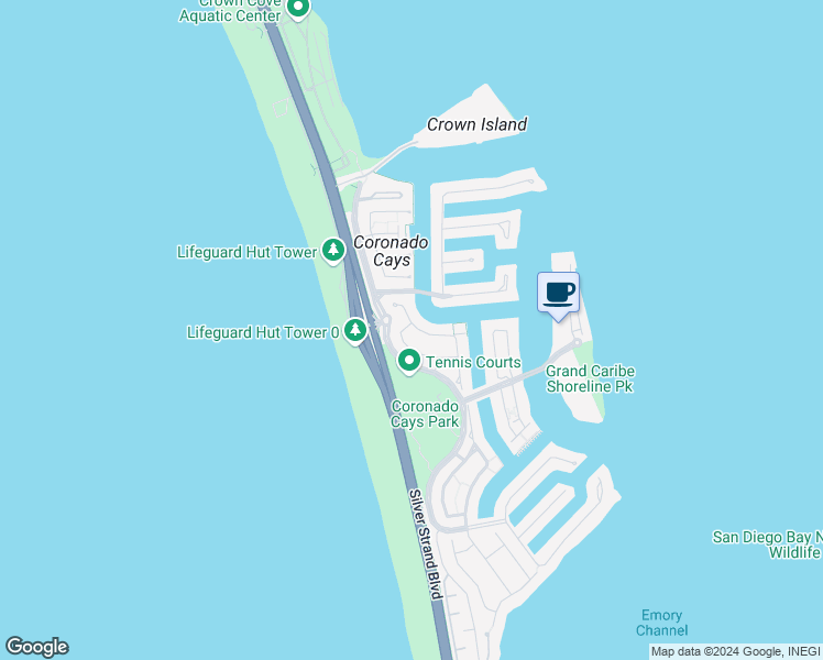 map of restaurants, bars, coffee shops, grocery stores, and more near 42 Catspaw Cape in Coronado