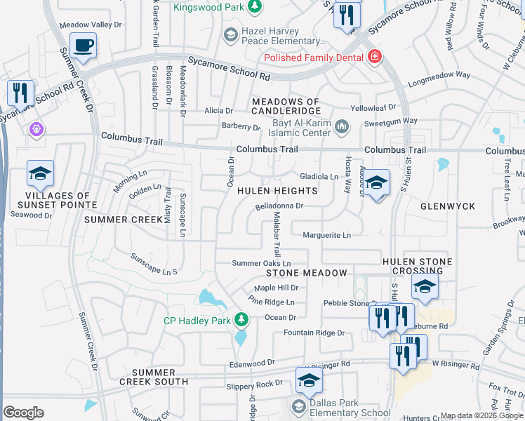 map of restaurants, bars, coffee shops, grocery stores, and more near 4813 Belladonna Drive in Fort Worth