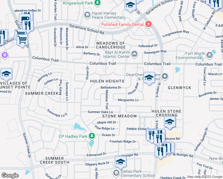 map of restaurants, bars, coffee shops, grocery stores, and more near 4717 Belladonna Drive in Fort Worth