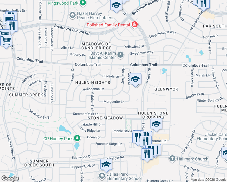 map of restaurants, bars, coffee shops, grocery stores, and more near 8021 Belladonna Drive in Fort Worth