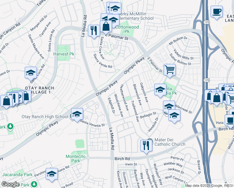 map of restaurants, bars, coffee shops, grocery stores, and more near 1429 Windchime Avenue in Chula Vista