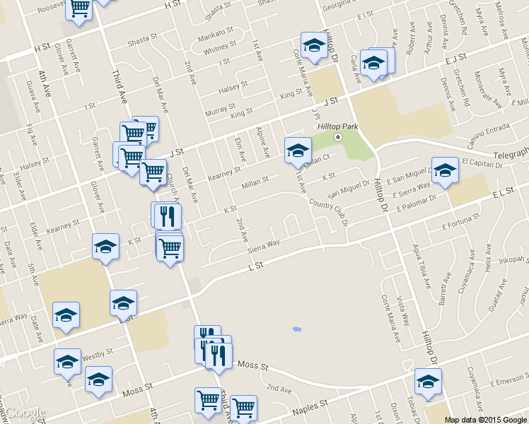 map of restaurants, bars, coffee shops, grocery stores, and more near 174 K Street in Chula Vista